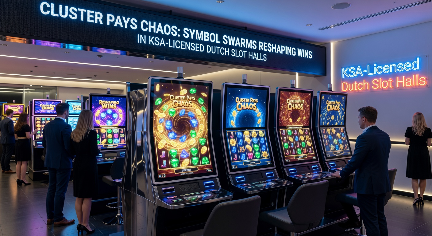 Mega-symboolzwerm die een jackpot activeert in een KSA-goedgekeurde Nederlandse cluster pays gokkast, met vallende symbolen en exploderende winsten