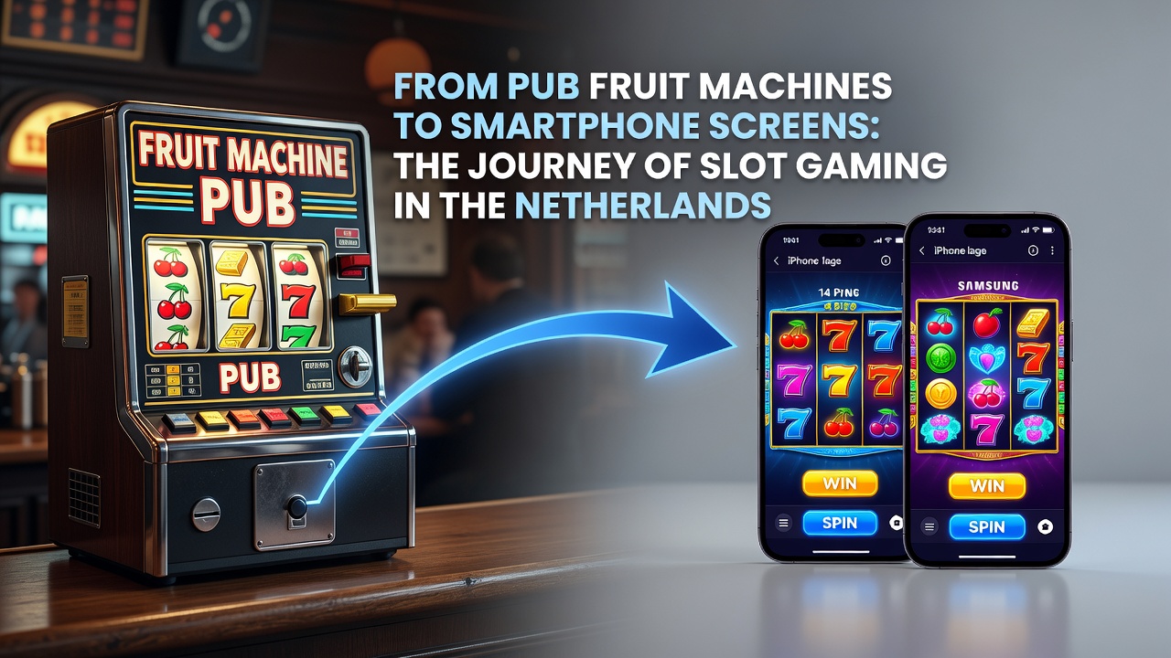 Smartphone scherm met moderne Nederlandse gokkast app naast klassieke fruitmachine