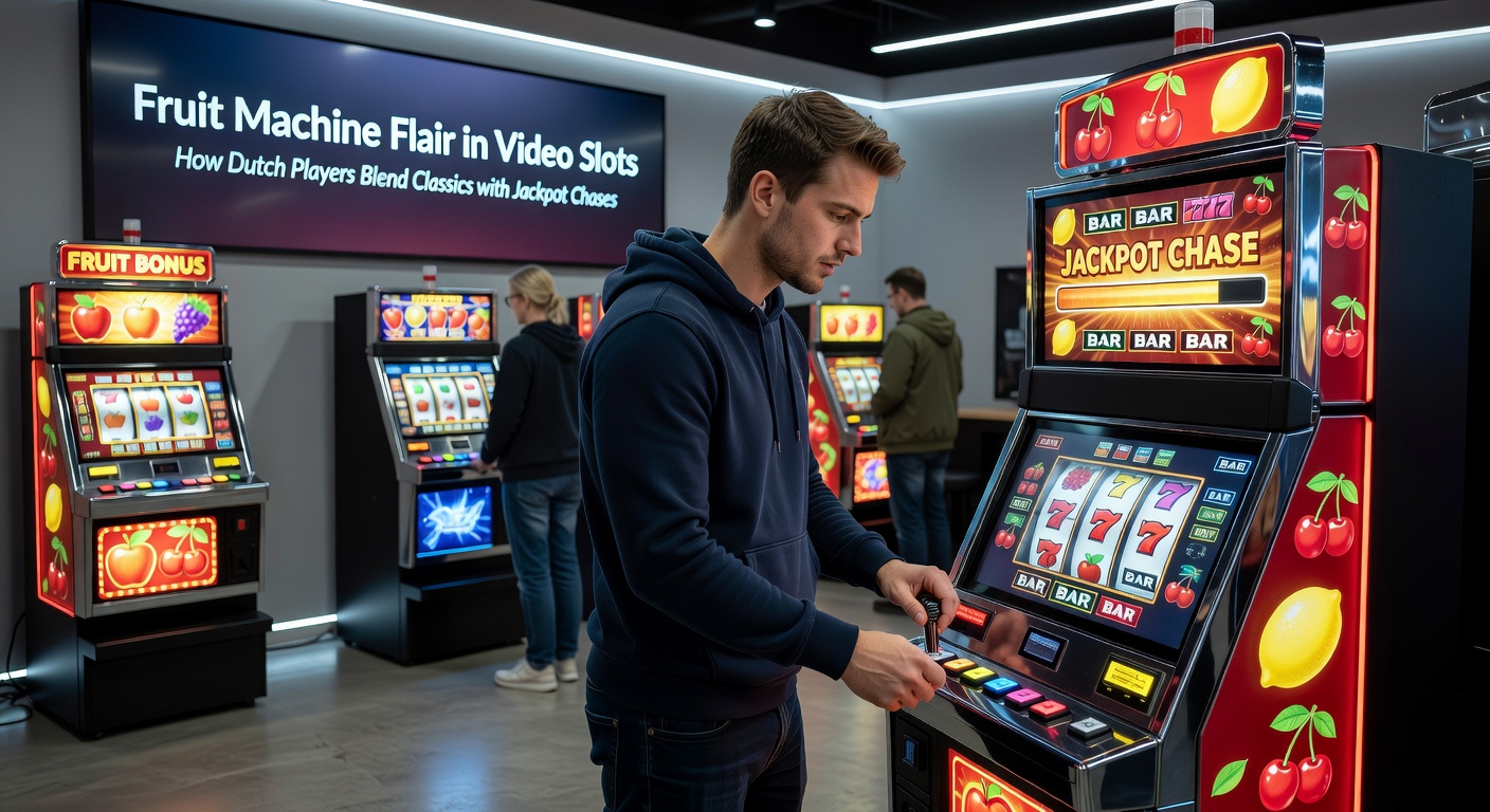 Klassieke fruit machine symbolen zoals kersen, citroenen en lucky 7's draaien op een modern videoslot scherm met jackpot teller op de achtergrond