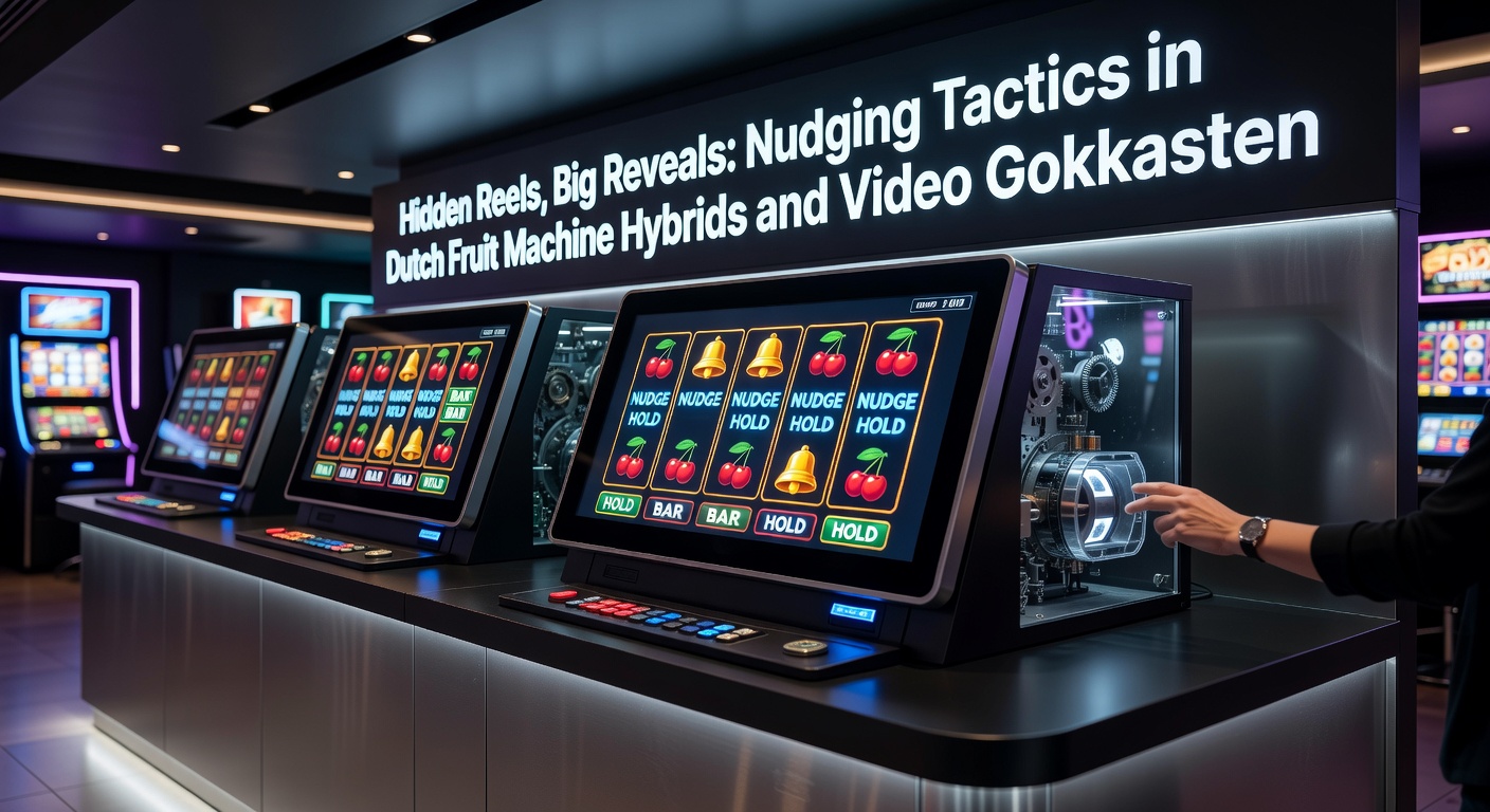 Een klassieke Nederlandse fruitmachine met nudging-functie in actie, waar rollen automatisch verschuiven voor een winnende lijn