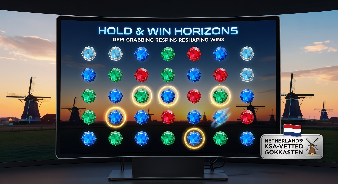 Close-up van Hold & Win respin scherm met stapelende edelstenen, jackpot meters en een Nederlandse casino branding op de achtergrond