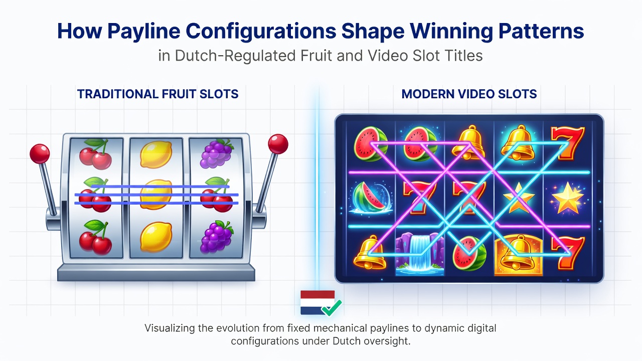 Illustratie van verschillende payline configuraties op fruit- en videoslot rollen in een Nederlandse online gokkast omgeving