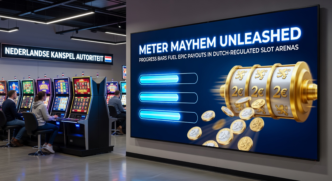 Close-up van een volle meter-balk die een jackpot ontketent met exploderende symbolen en vallende coins in een dynamische Nederlandse online slot