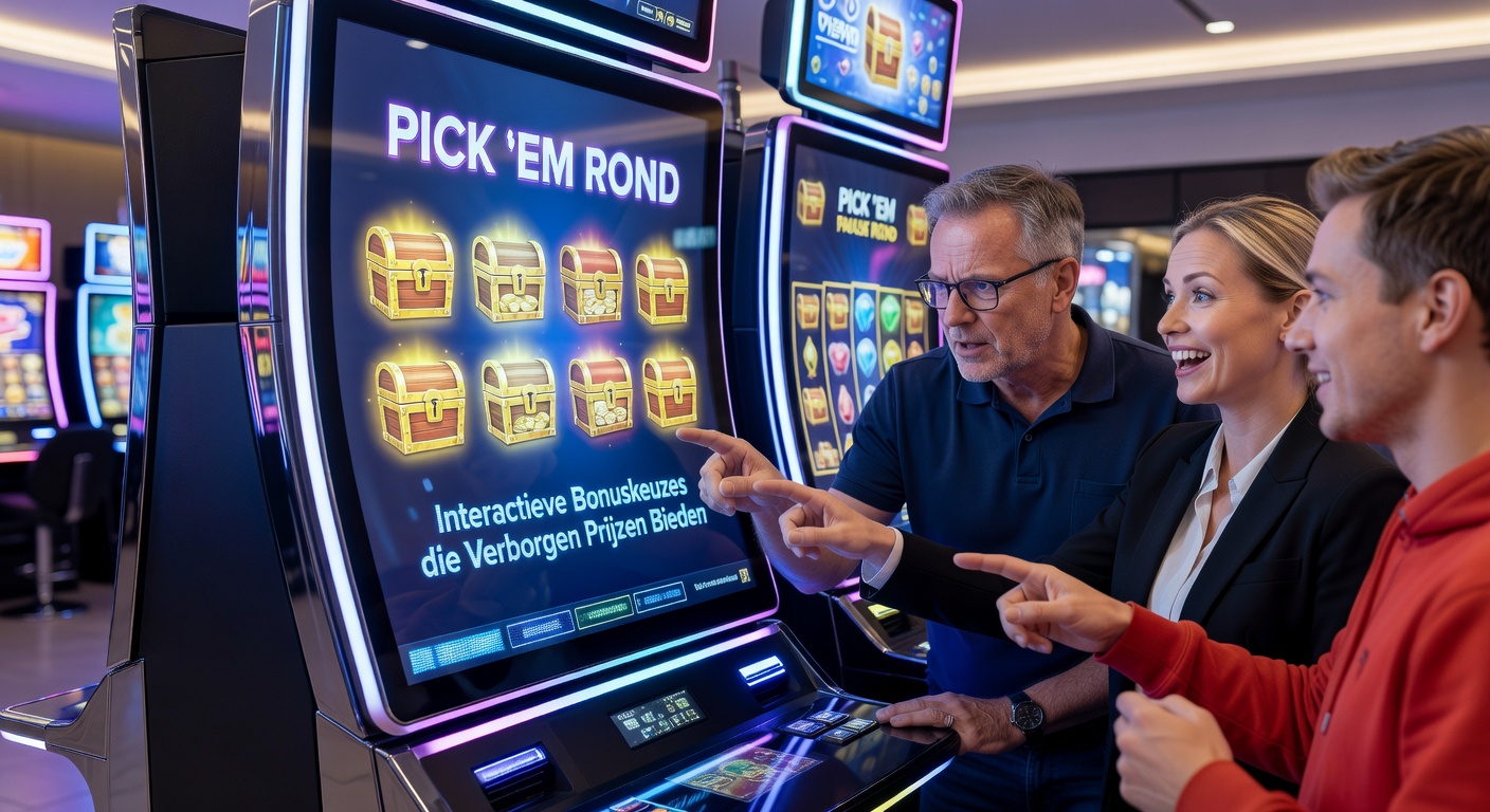 Close-up van een spelerinterface in een pick 'em bonus, met geselecteerde objecten die multipliers en free spins onthullen op een Nederlands KSA-platform