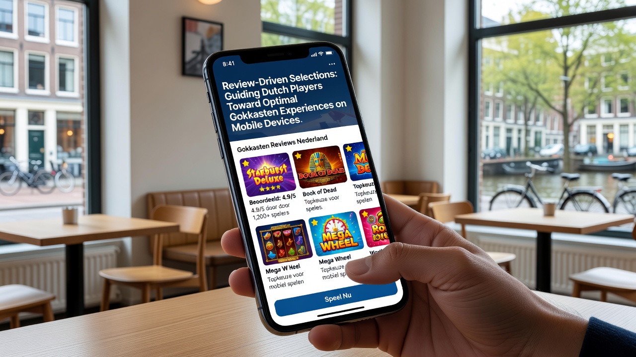 Close-up van een smartphone met geopende gokkasten-app en recensie-overzicht op het scherm