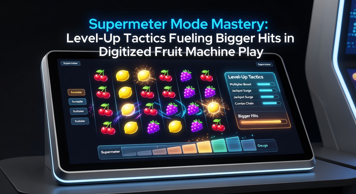 Spelerinterface met supermeter meter die oploopt, illustrerend tactieken voor het timen van uitstappen en level-ups in digitale fruitmachines