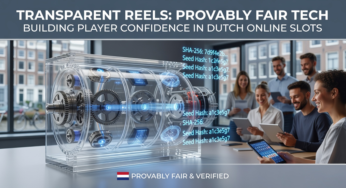 Schermafbeelding van een online slot met transparante reels en provably fair verificatie-interface, waar spelers hashes kunnen controleren voor eerlijke spins