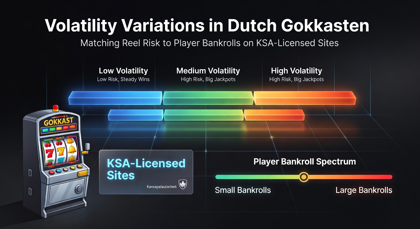 Grafiek met volatiliteitsniveaus in Nederlandse gokkasten, tonen laag, medium en hoog risico naast bankroll-curves op KSA-platforms